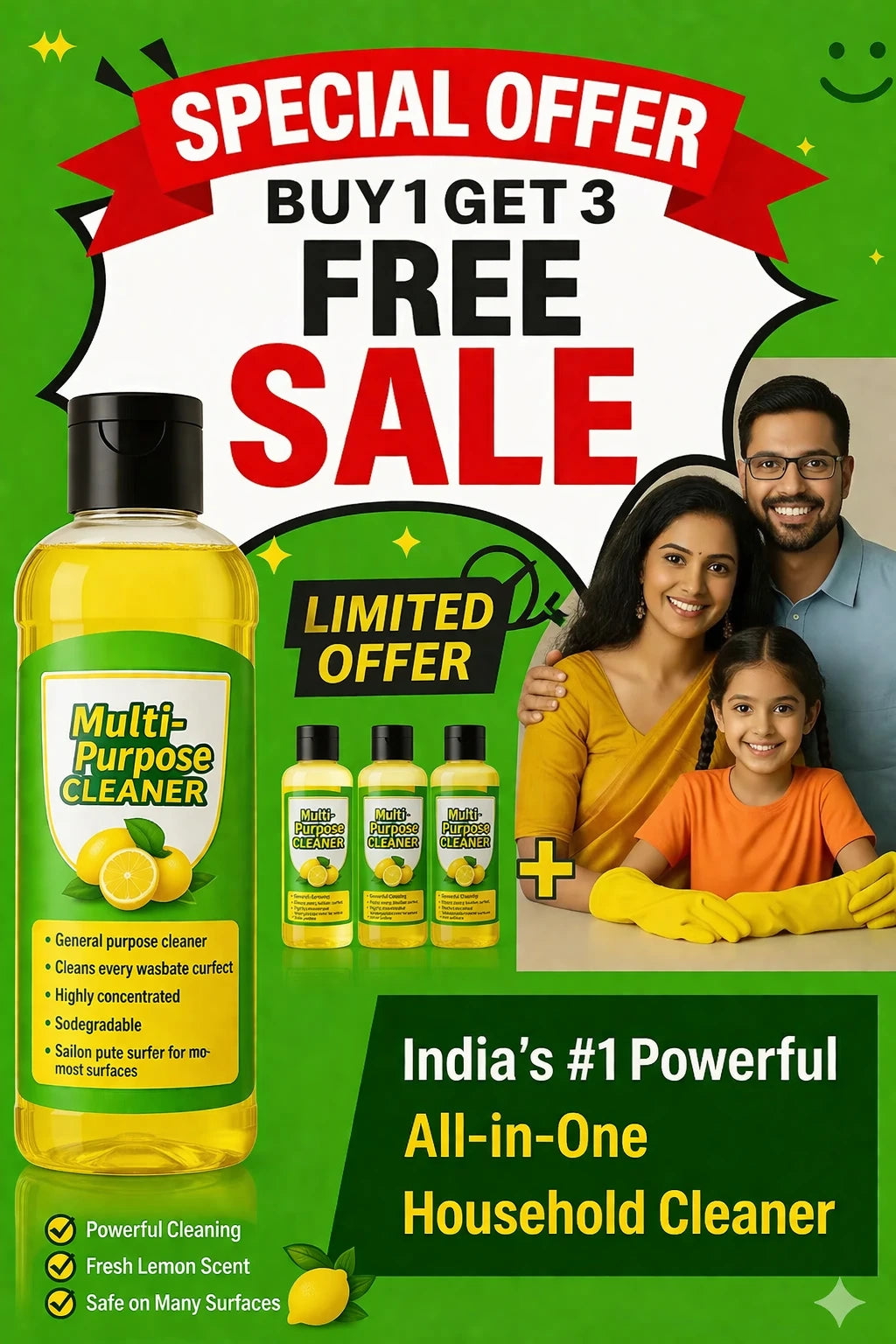 🔥 #1 Multipurpose Cleaner: Buy 1 Get 3 Free + 50% Off (Save ₹600) – Limited Stock